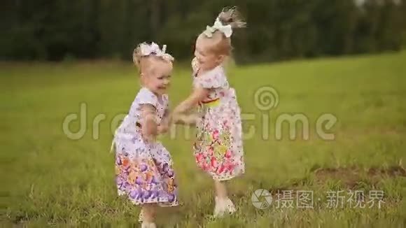 夏天，两个可爱的姐妹双胞胎在绿色的草地上嬉戏。 牵着手互相微笑。