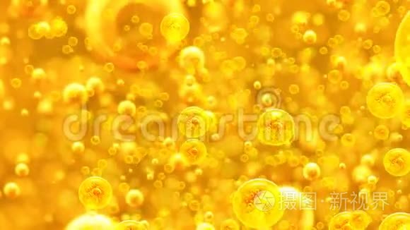 黄金背景，有大大小小的金泡油，里面有一种黄金液体，油，蜂蜜，啤酒，果汁