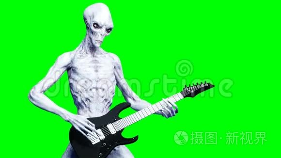 有趣的外星人用电吉他演奏。 现实运动和皮肤着色器。 4K绿屏镜头..