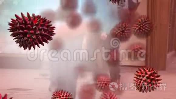 红色电晕病毒与背景人物的动画视频