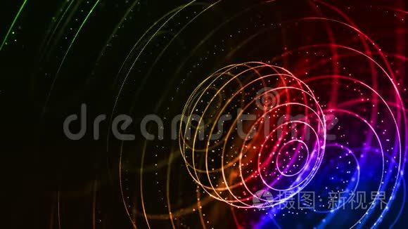4k循环科幻背景与波克和光效。 渐变色粒子形成线面球形