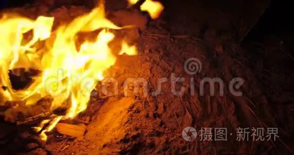 男子在森林的篝火上烹饪食物视频