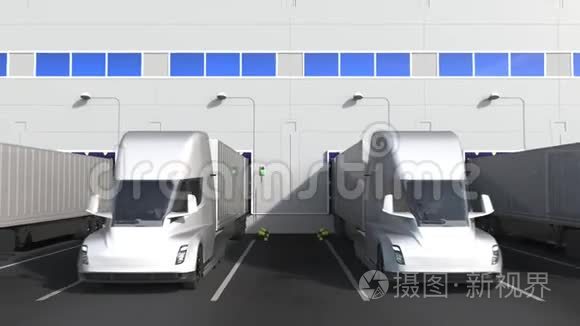 拖车卡车在仓库装卸码头与产品的荷兰文本。 荷兰物流相关3D动画