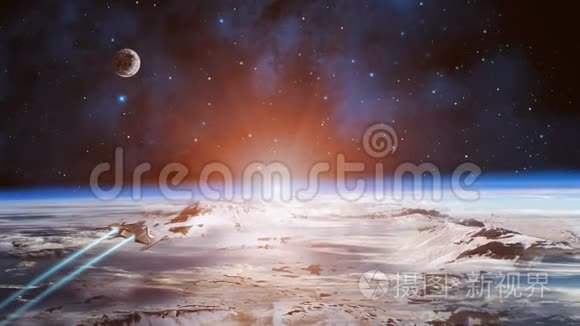 空间背景。 宇宙飞船带着行星、太阳和蓝色星云在山景之上飞行。 美国宇航局提供的元素。 3D