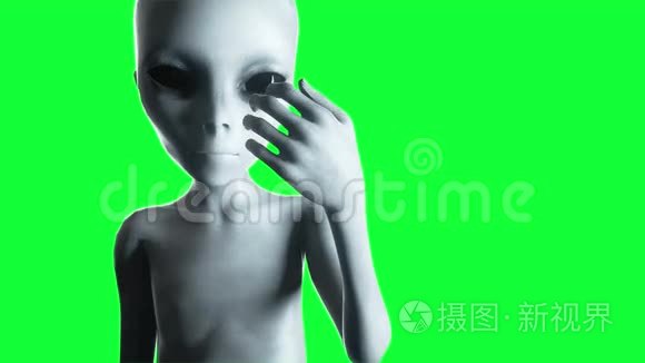 外星人伸出的手。 UFO未来主义概念。 绿色屏幕动画。