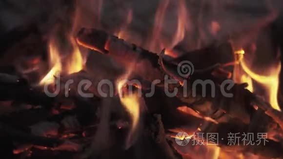 柴火在篝火堆中摇动燃烧的火焰视频