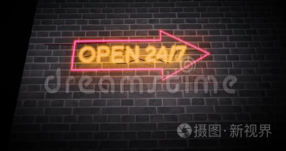 开放24，7个霓虹灯标志显示业务始终运行，支持可用-4k