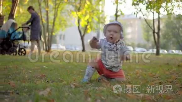 巴拿马的婴儿怒不可遏，挥舞着手臂爬行。 户外公园。