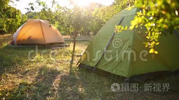 露营地石榴树间的帐篷视频
