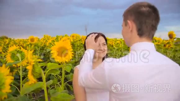 恋爱中的情侣被向日葵包围着视频