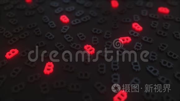 在黑色符号中闪烁着红色比特币BTC符号。 概念三维动画