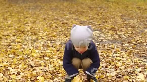 快乐的孩子在秋天公园户外玩耍。