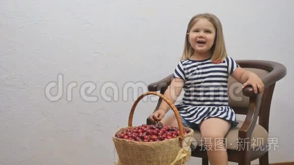篮子里有樱桃的可爱小女孩的肖像