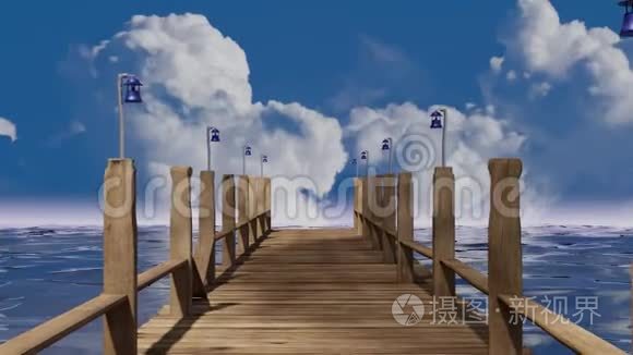 木制码头飞越蓝色的海洋，快速的白云时间流逝