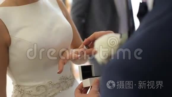 两个白人新郎新娘交换结婚戒指视频