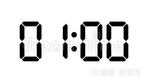 数字时钟计数从零到60全高清液晶显示器-白色背景下的黑色数字