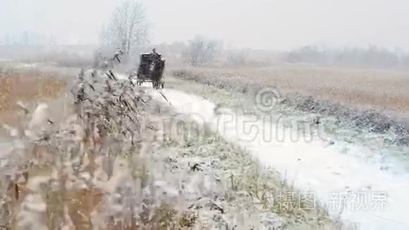 男子在冬季道路上骑一辆马车视频