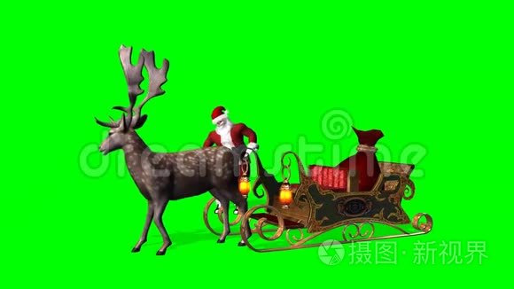 圣诞动画-圣诞老人，驯鹿，雪橇3-绿色屏幕