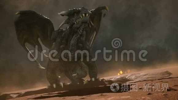 大龙在沙漠中寻找他的敌人。 3D动画幻想背景