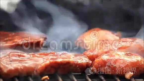 烤架上的猪肉和火鸡肉视频