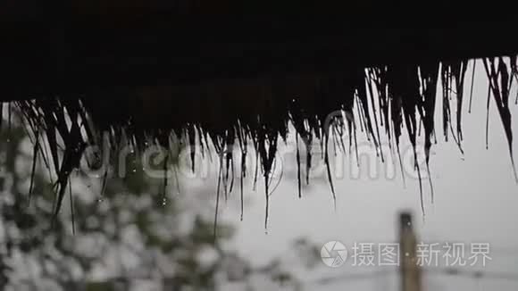 雨滴从草顶上掉下来。