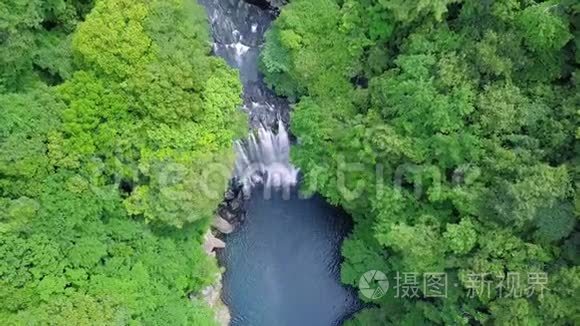 韩国济州岛上春叶瀑布鸟瞰图视频