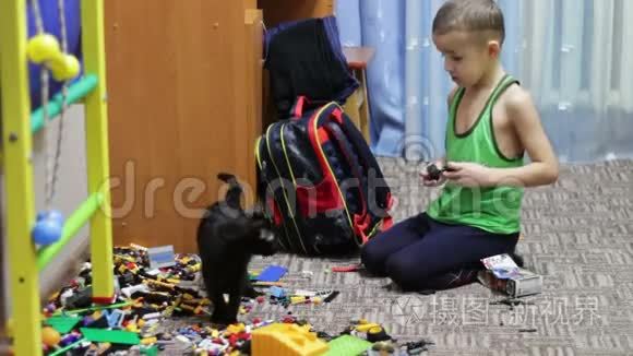 小孩和黑猫玩玩具视频