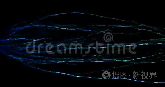 抽象线移动数字闪光蓝色粒子，电子形状在蓝色背景上流动，新技术