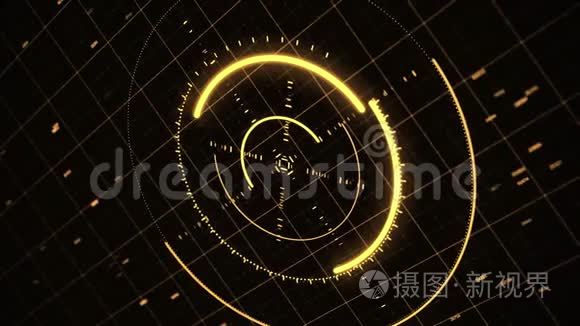 数字生成的黄光目标系统动画和运行在黑色背景上的程序代码