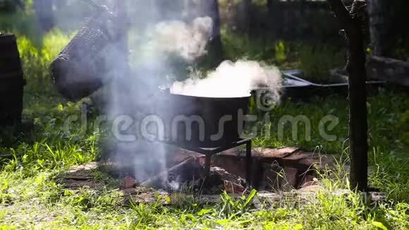 铁铸锅在明火上煮炖菜视频
