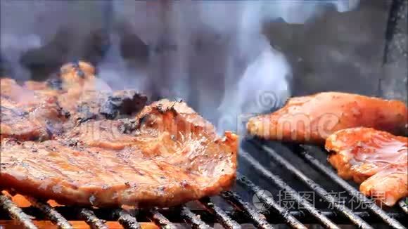 烤架上的猪肉和火鸡肉视频