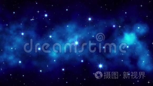 夜空，深蓝色动态宇宙背景，明亮的大闪烁恒星，星云，无缝环