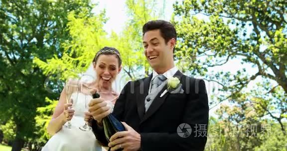 新婚夫妇在乡下喝香槟