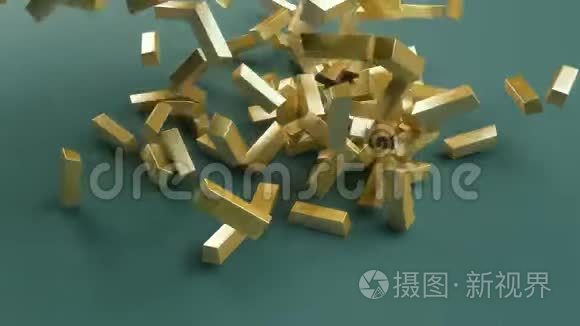 金条落在桌子上，钱，3d渲染