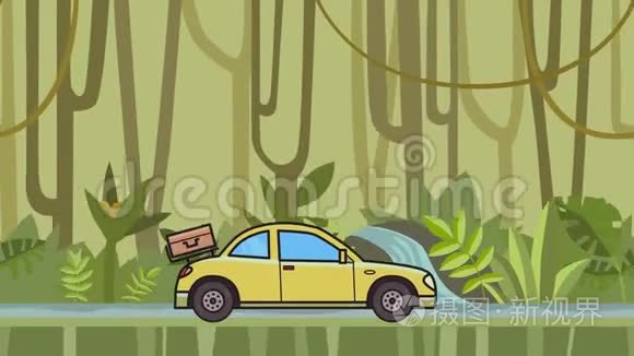 动画跑车与行李在后罩骑通过热带雨林。 在丛林和河流中移动掀背车