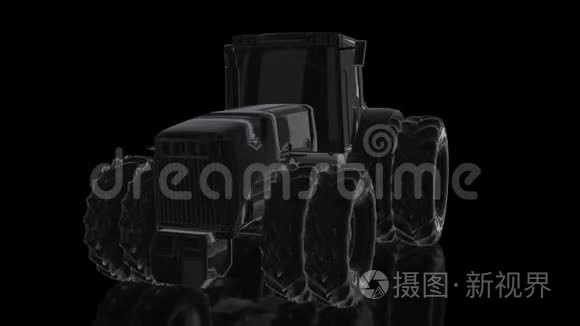 拖拉机。 旋转360度三维模型黑色光泽拖拉机。 4k动画