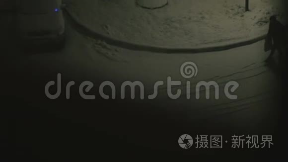 夜晚白雪覆盖的庭院。 从