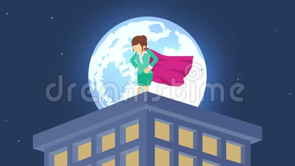 月光城的超级英雄。 站在摩天大楼上空。 商业女性的象征。 领导力和挑战理念.. 漫画循环动画视频的预览图