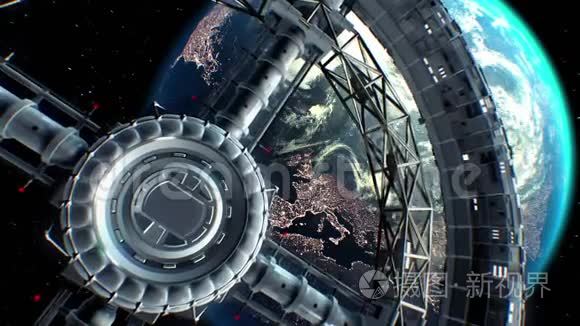 背景上的地球。宇宙飞船飞入巨大的空间环面，引擎灯光闪烁，3d。纹理