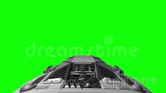 三维动画，绿色屏幕背景下带有脉动引擎的航天器