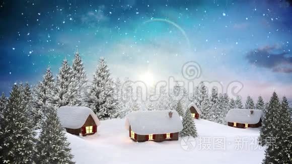 落在森林里可爱的村庄里的雪