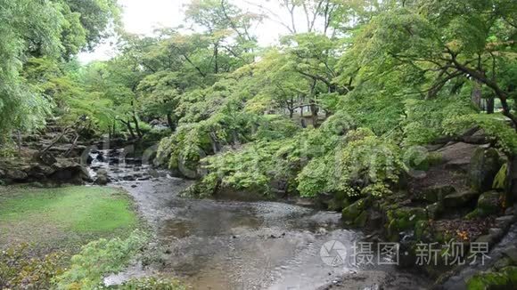 日本奈良土代寺花园内的瀑布视频