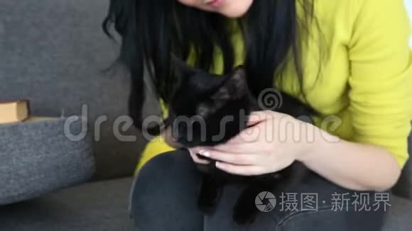 对宠物的爱。 美丽的黑发女孩带着一只黑猫在家里的沙发上客厅里放松。