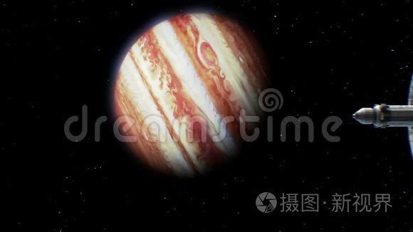 木星背景上的星际宇宙飞船