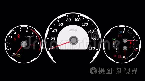 速计跑车，启动加速和制动.. 黑色屏幕背景。 4k动画。