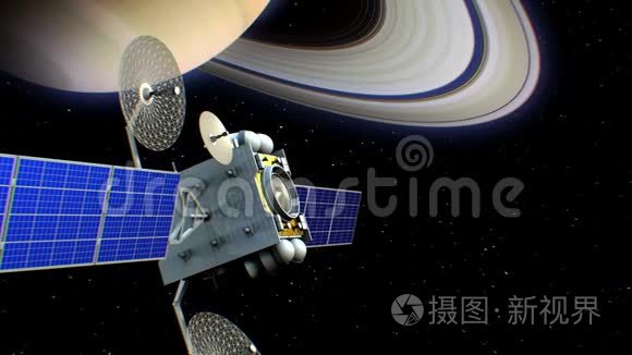 土星轨道上的虚构人造卫星，三维动画。 地球的纹理是在图形编辑器中创建的。