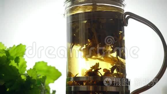 慢镜头玻璃茶壶与盛开的茶视频