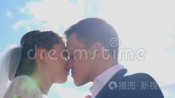 美丽的恋爱中的年轻夫妇刚刚结婚，在阳光下接吻。