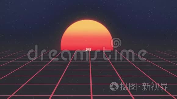 闪亮的复古80年代风格懒虫2018年新年文字飞来飞去的网格太阳明星动画背景新的独特复古