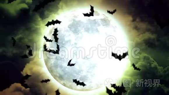 万圣节月亮和蝙蝠在蓝天和云彩视频
